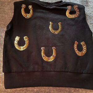 QUEEN OF SPARKLES horseshoe emblems. Black Tank Top with Gold and Purple Accents